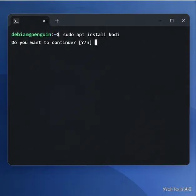 確認プロンプトが表示され、sudo apt install kodi と表示されているターミナル。