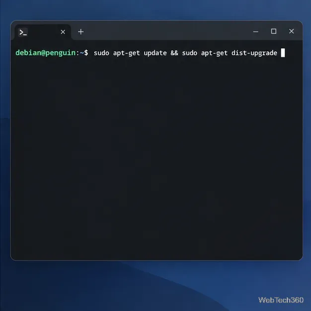 Debianターミナルのプロンプトに、sudo apt-get updateコマンドとsudo apt-get dist-upgradeコマンドが表示されています。