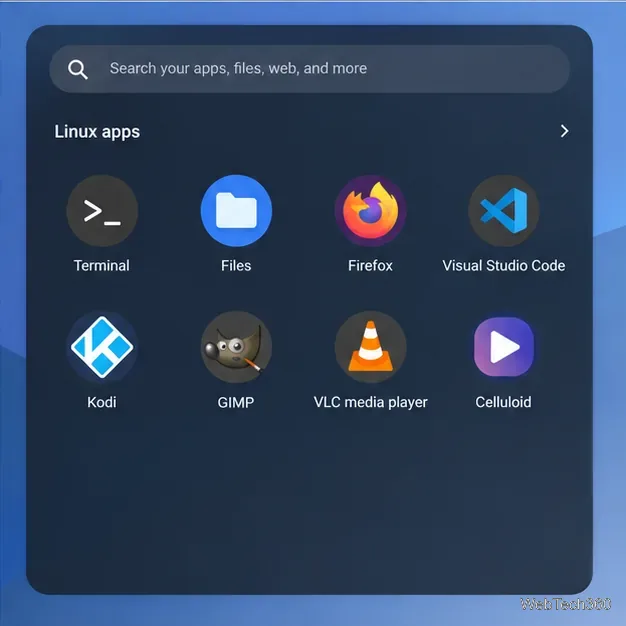 Chromebook LauncherでLinuxアプリセクションを開き、Kodiアプリのタイルを表示した状態。