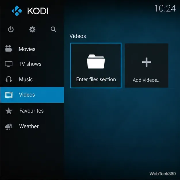 Kodiのホーム画面で「動画」が選択され、「ファイルの入力」セクションと「動画の追加」タイルが表示されている状態。