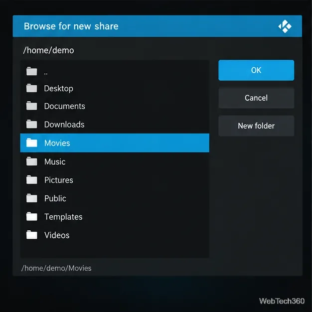 Kodiのファイルブラウザで、ディレクトリ一覧から「Movies」フォルダが選択されている状態。
