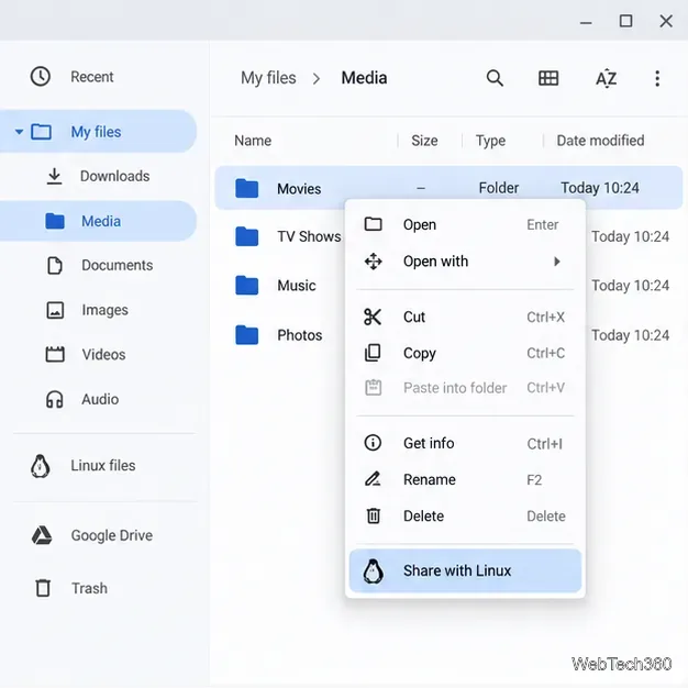 ChromeOSのファイルアプリでメディアフォルダが選択され、「Linuxと共有」のコンテキストメニューアクションがハイライト表示されている状態。