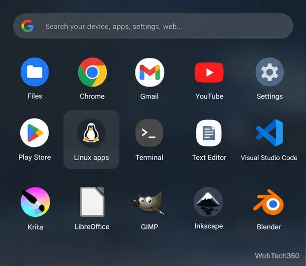 ChromeOSアプリランチャーには、利用可能なアプリの中にKritaがあり、Linuxアプリのグループも表示されています。