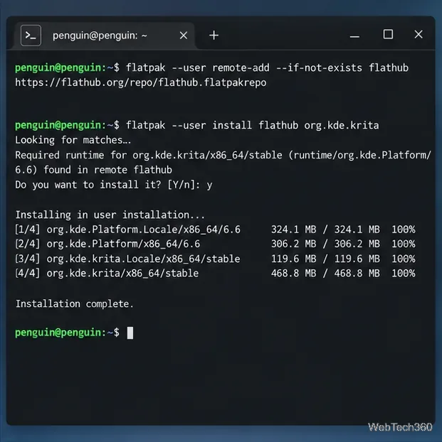 Linuxターミナルに、org.kde.kritaに対するFlathubのremote-addコマンドとFlatpakのインストールコマンドが表示されている。