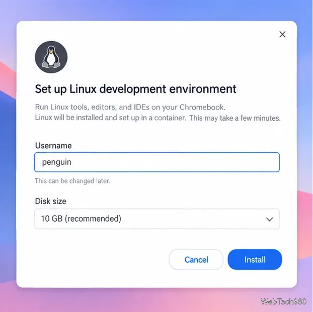 ユーザー名とディスクサイズの入力フィールド、およびインストールボタンを備えたLinux開発環境セットアップダイアログ。