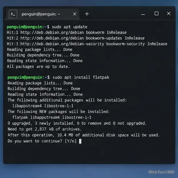 Linuxターミナルにsudo apt updateとsudo apt install flatpakが表示されている。