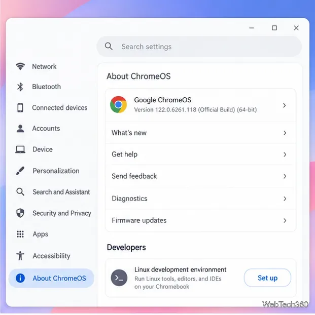 Chromebook の設定、開発者向け ChromeOS と Linux 開発環境の設定、表示設定