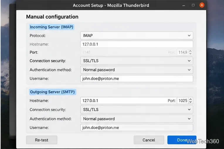 Configurarea manuală a contului Thunderbird care afișează setările serverului localhost IMAP și SMTP