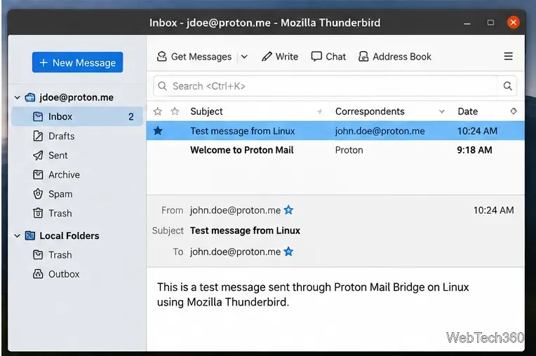 Inbox Thunderbird cu un mesaj de test trimis prin Proton Mail Bridge