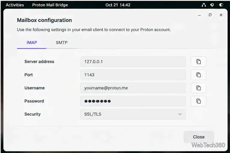 Dialog de configurare a cutiei poștale Proton Mail Bridge cu adresa serverului IMAP, portul, numele de utilizator și setările de securitate