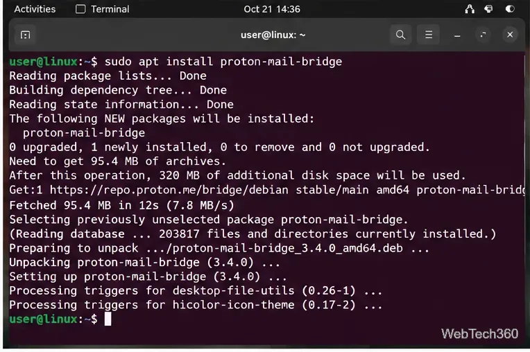 Terminal Linux care afișează o comandă de instalare a unui pachet și rezultatul finalizării
