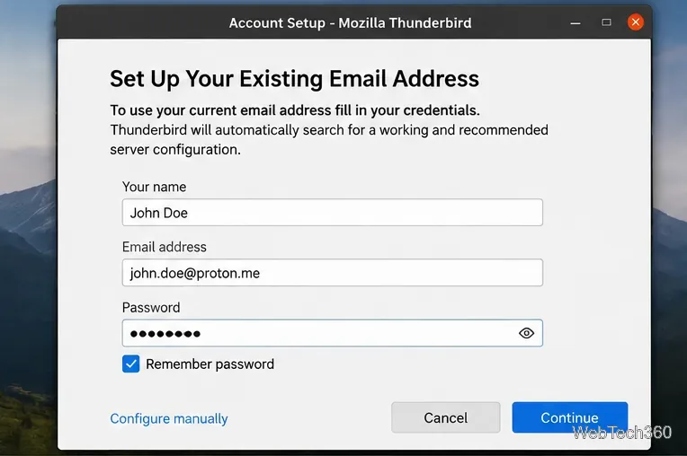 Dialog de configurare a contului Thunderbird cu câmpurile pentru nume, adresă de e-mail Proton și parolă Bridge