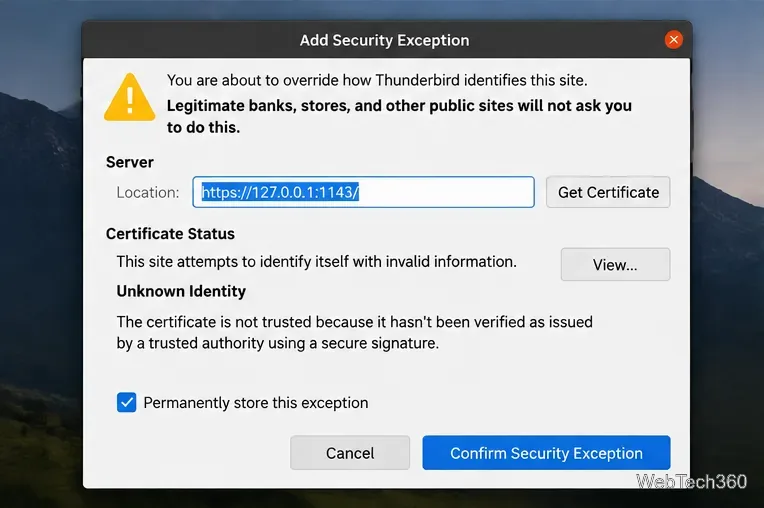 Caseta de dialog Thunderbird Adăugare excepție de securitate pentru un certificat de server de mail local