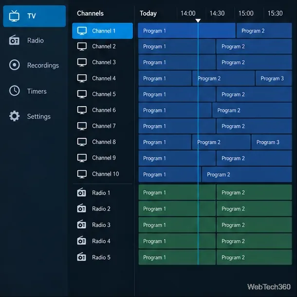 Kodiスタイルのテレビ番組表。チャンネル名が列に並び、タイムライン上に番組ブロックのサンプルが表示されます。