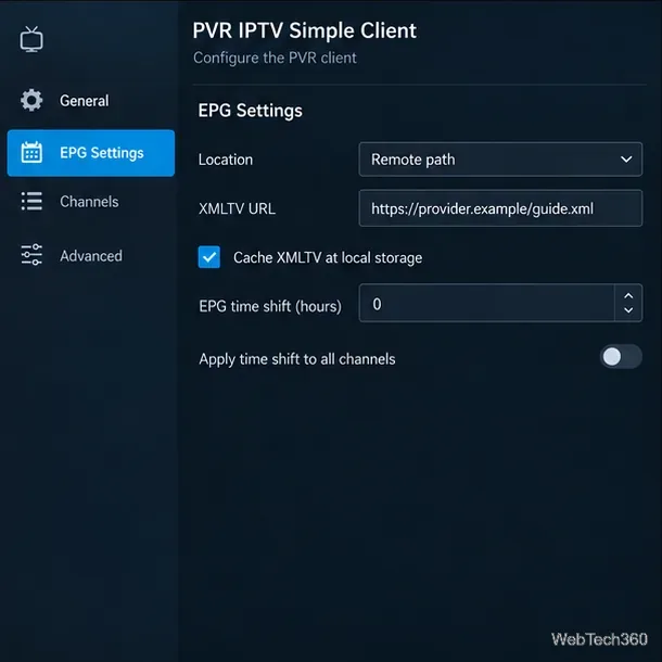 リモートパス、プレースホルダーのXMLTV URL、およびゼロタイムシフトを含むEPG設定パネル。