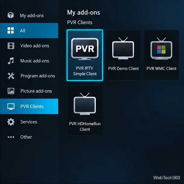 Kodi風の「マイアドオン」画面で、「PVRクライアント」の下に「PVR IPTV Simple Client」がハイライト表示されている。