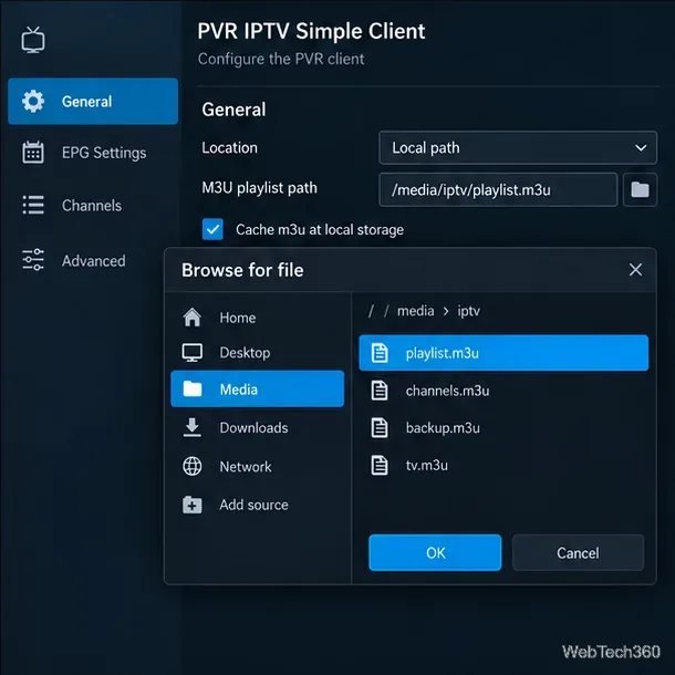 一般設定をローカルパスに設定し、ファイルブラウザでplaylist.m3uファイルを開きます。