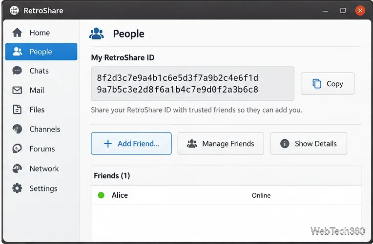 RetroShareのユーザーページには、RetroShare IDのコピーコントロールと「友達を追加」ボタンが表示されています。