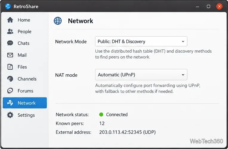 RetroShareネットワーク設定で、パブリックDHTと検出モード、自動UPnP NATモードを表示しています。