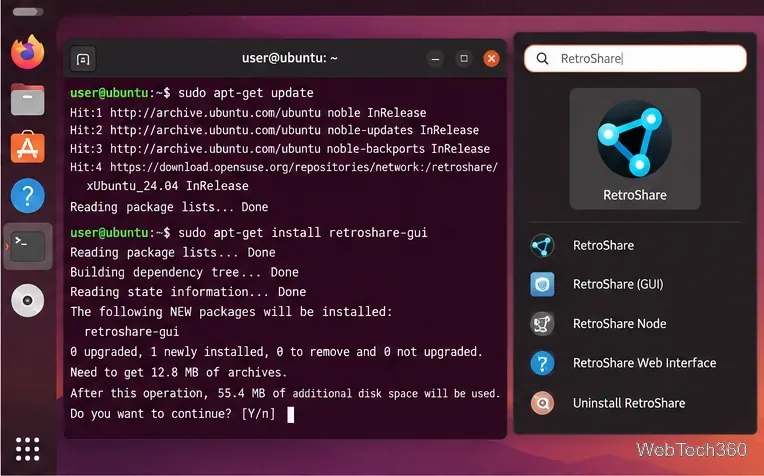 Ubuntuターミナルでretroshare-guiをインストールし、アプリランチャーにRetroShareアプリケーションが表示される。