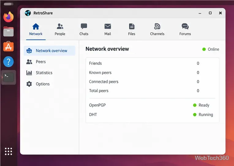 Linux 上の RetroShare ネットワークの概要には、空の新規プロファイルとネットワークステータスが表示されます。