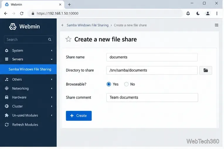 Webmin Create a new file share form for a documents share in /srv/samba/documents