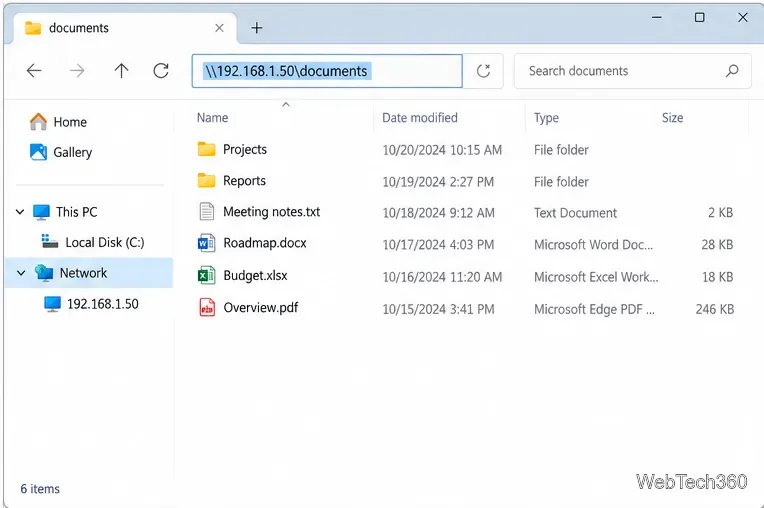 Windows File Explorer opened to a documents Samba share by server IP address
