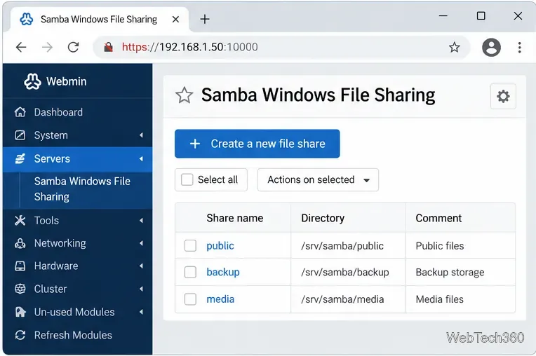 Webmin Samba Windows File Sharing page listing public backup and media shares