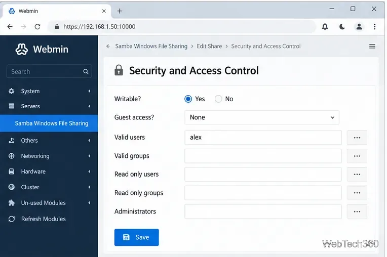 Webmin Security and Access Control page with writable enabled guest access disabled and one valid user