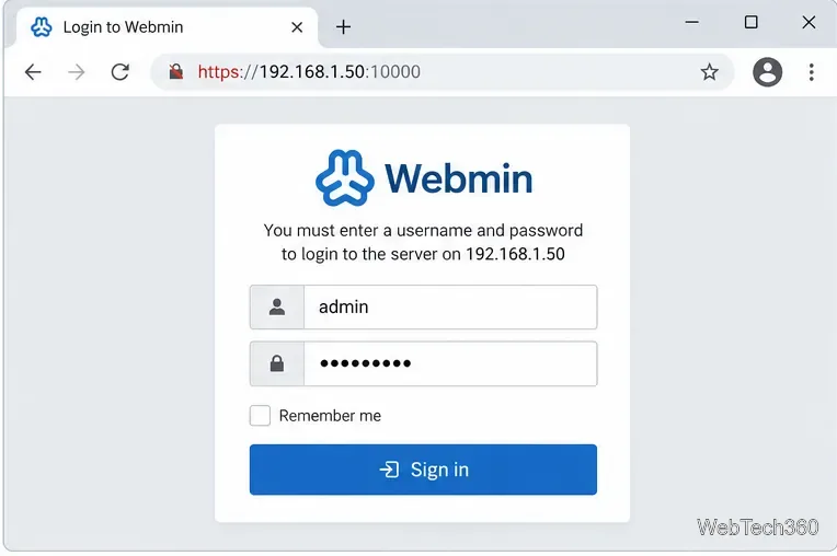 Webmin sign-in page opened at an Ubuntu Server IP address on HTTPS port 10000