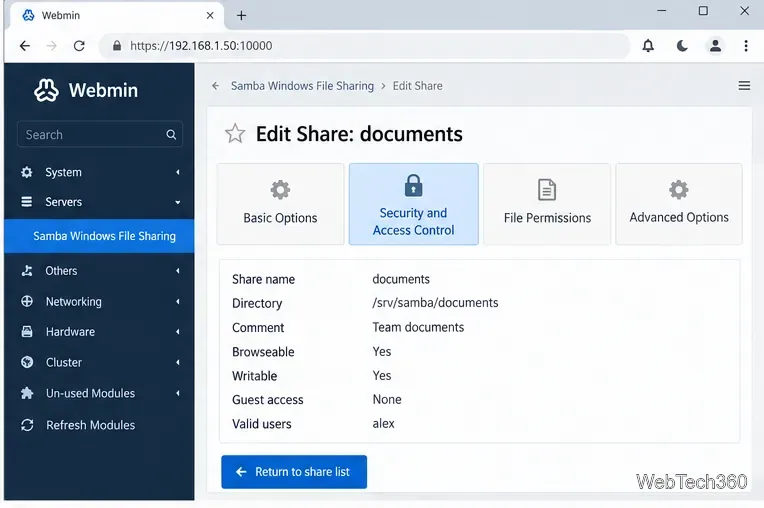 Webmin documents share settings with Security and Access Control selected