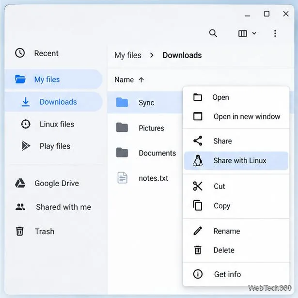 ChromeOSのダウンロードフォルダにあるファイルアプリで、フォルダのコンテキストメニューと「Linuxと共有」がハイライト表示されている。