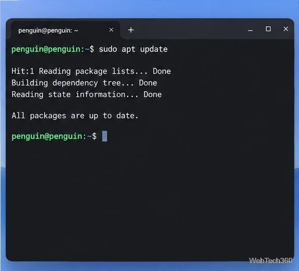 sudo apt updateを実行した後の、ペンギンプロンプトが表示されたChromebook Linuxターミナル。