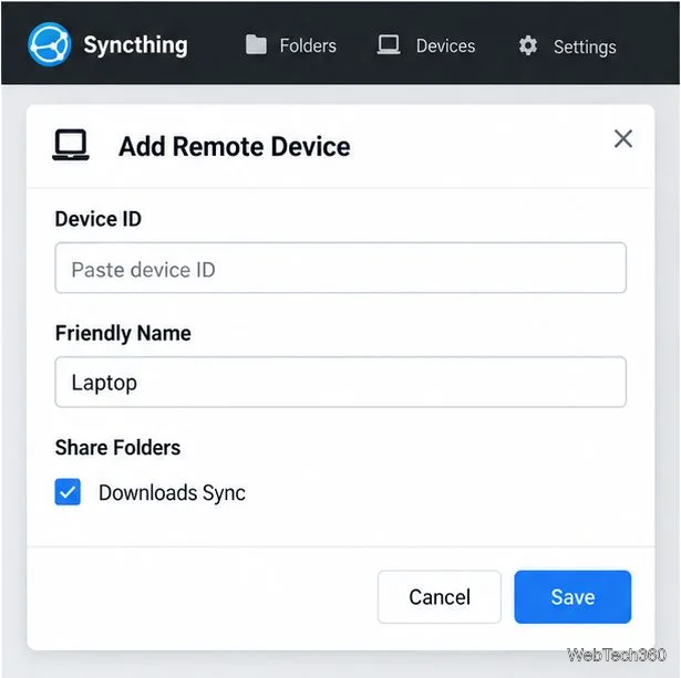 Syncthingの「リモートデバイスの追加」ダイアログ。デバイスIDフィールド、ラップトップ名が表示され、共有対象として「ダウンロード同期」が選択されている。