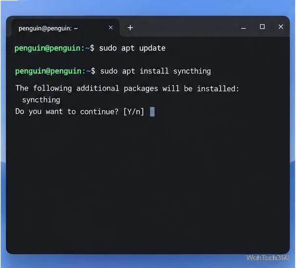 SyncthingパッケージのインストールコマンドとAPT確認プロンプトが表示されたペンギンのターミナルウィンドウ。