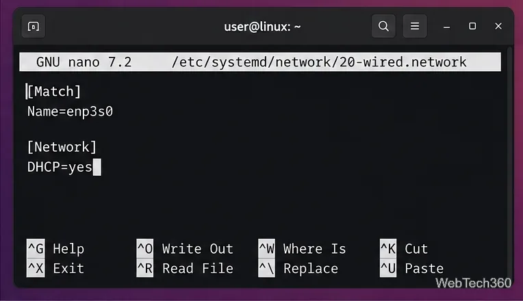 Der Nano-Editor zeigt ein systemd-networkd-Ethernet-Profil mit Match Name enp3s0 und aktiviertem DHCP an.