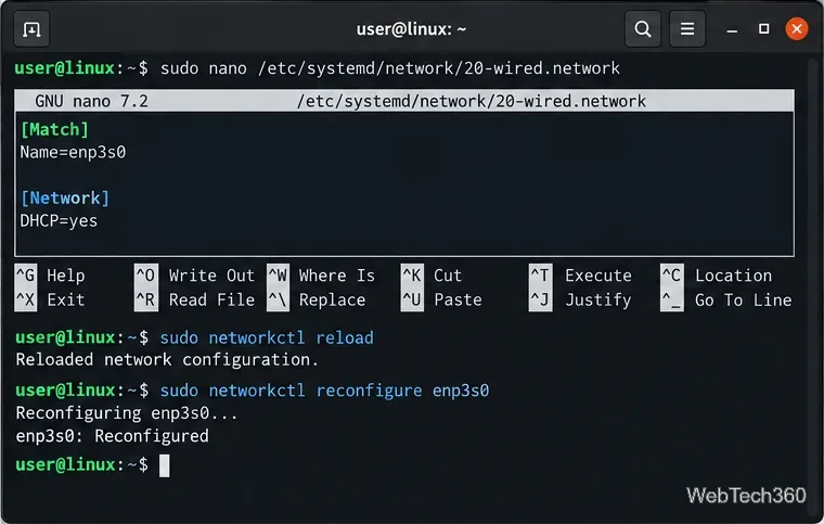 Linux-Terminal, das ein systemd-networkd-Profil anzeigt, gefolgt von den Befehlen networkctl reload und reconfigure.