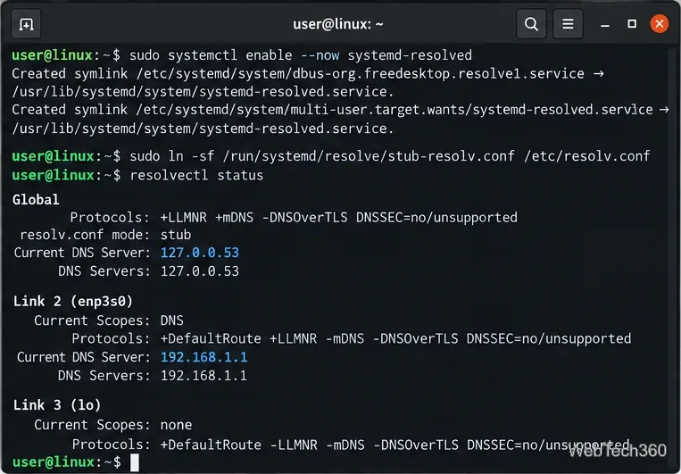 Linux-Terminal: systemd-resolved aktivieren, resolv.conf mit dem Stub-Resolver verknüpfen und resolvectl status überprüfen