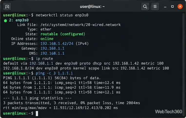 Linux-Terminal überprüft systemd-networkd mit networkctl status, ip route und erfolgreichen Ping-Ergebnissen