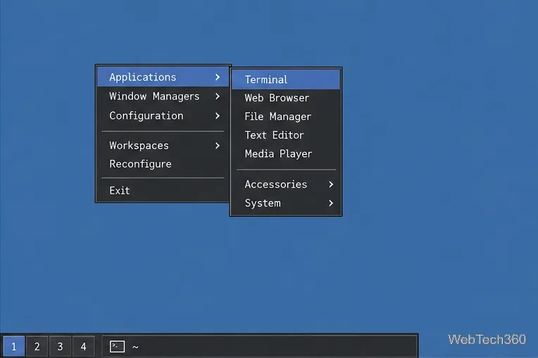Menu principal de Fluxbox avec un sous-menu Applications listant Terminal et Navigateur Web
