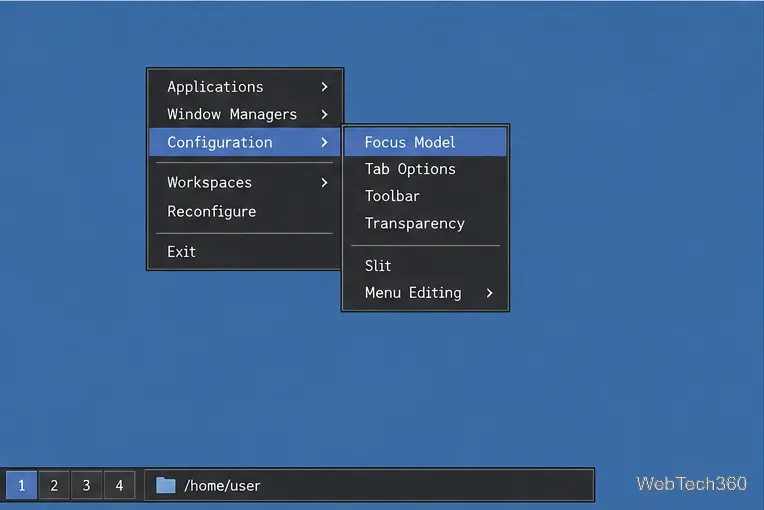 Sous-menu Configuration de Fluxbox affichant Modèle de mise au point, Options d'onglet, Barre d'outils et Transparence