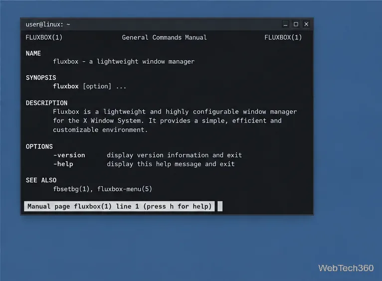 Un terminal affichant la page de manuel FLUXBOX(1) après avoir exécuté la commande man fluxbox