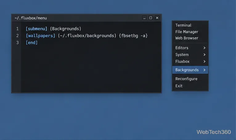 Un terminal affichant les commandes permettant de créer un dossier de fonds d'écran Fluxbox et d'y copier un fond d'écran.