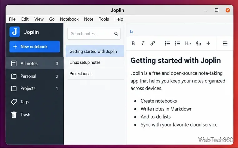 Linux上のJoplinデスクトップウィンドウ(ノートブックと選択された音符が表示されている)