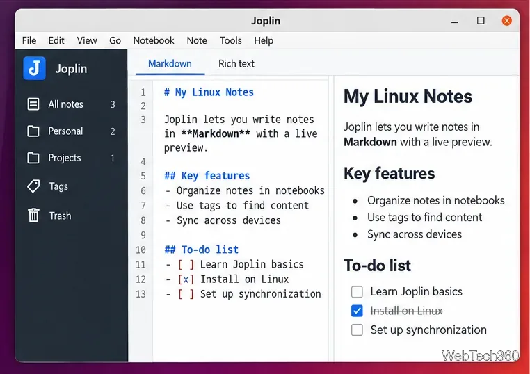 Linux 上で動作する Joplin Markdown エディタ(ライブプレビューとチェックリスト機能付き)
