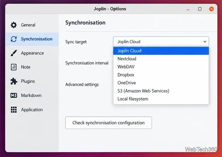 Linux 上での Joplin 同期設定と利用可能な同期ターゲット
