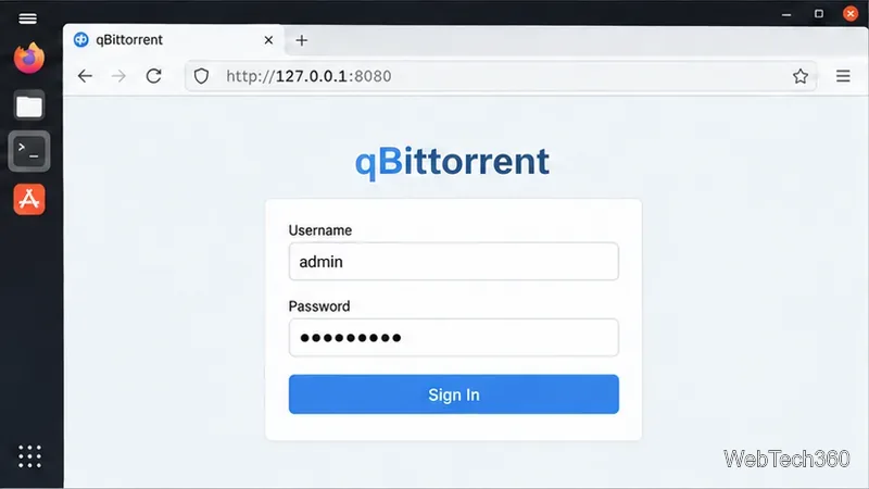 qBittorrent login page at 127.0.0.1:8080 with a masked password.