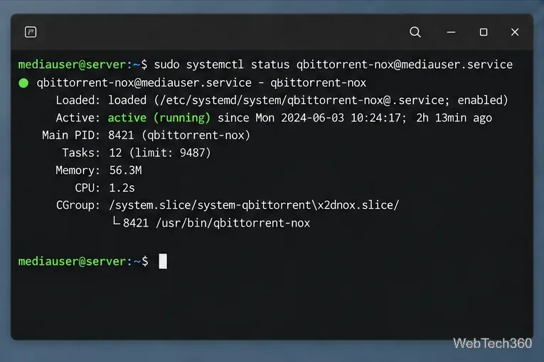 Terminal showing an active qBittorrent-nox systemd service.
