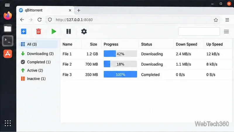 Dashboard showing sample torrent progress and transfer status.