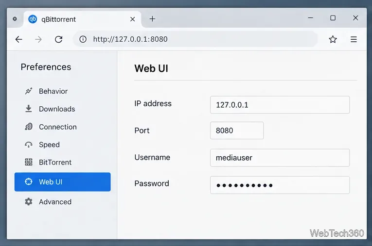Web UI settings showing bind address, port, username, and password fields.